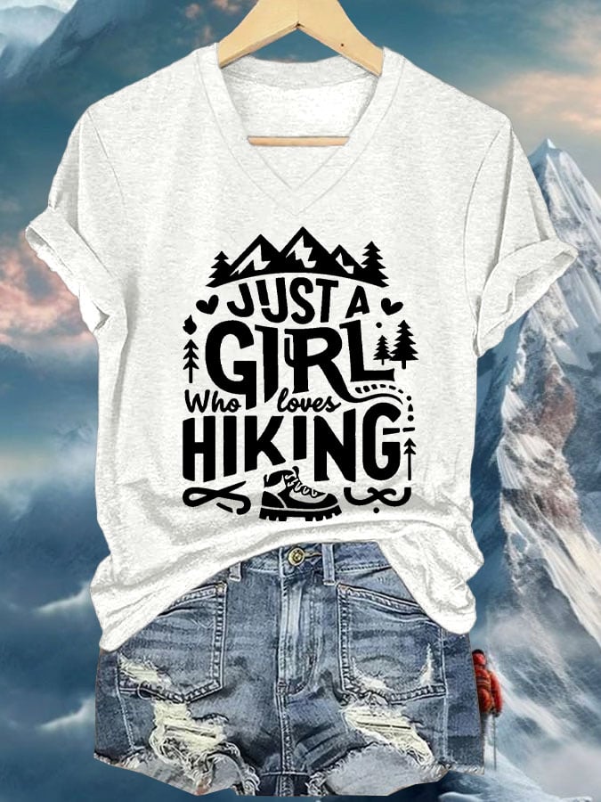 Women's Just A Girl Who Loves Hiking Printed V Neck T-Shirt