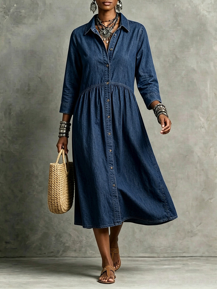 CLEARANCE🔥 Vintage-Inspired Button Front Denim Midi Dress