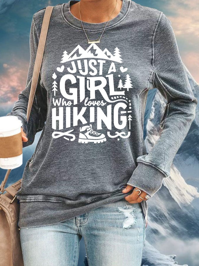 Women's Just A Girl Who Loves Hiking Print Round Neck Sweatshirt