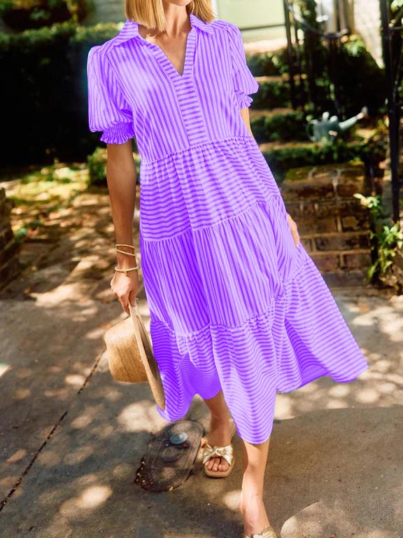 NEW🔥 V-Neck Pleated Short Sleeve Striped Shirt Dress