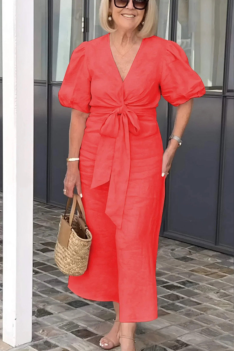 CLEARANCE🔥 V Neck Tie Puff Sleeve Cotton Dress- Tax Free