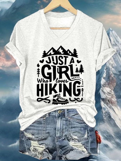Women's Just A Girl Who Loves Hiking Printed V Neck T-Shirt