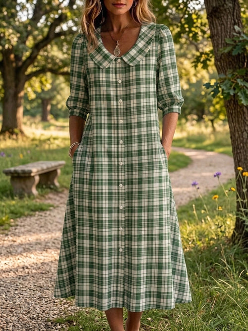 Clearance Sale🔥 Women's Retro Peter Pan Collar Stripe Print Cotton Linen Dress
