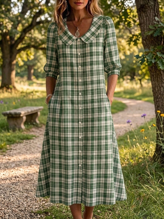 Clearance Sale🔥 Women's Retro Peter Pan Collar Stripe Print Cotton Linen Dress