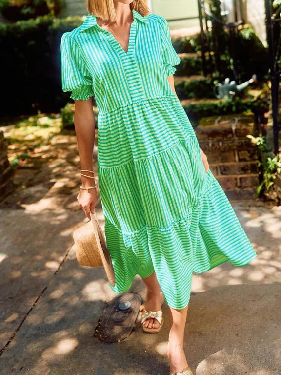 NEW🔥 V-Neck Pleated Short Sleeve Striped Shirt Dress
