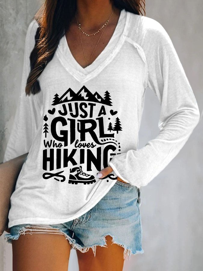 Women's Just A Girl Who Loves Hiking Print V Neck T-Shirt