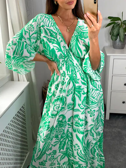 NEW🔥 V Neck Elastic Waist Printed Dress