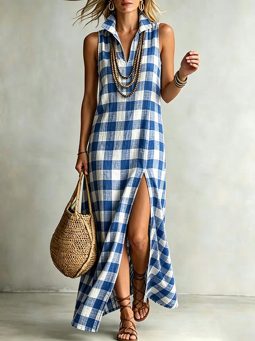 High-quality cotton-linen checkered print dress with a stand-up collar