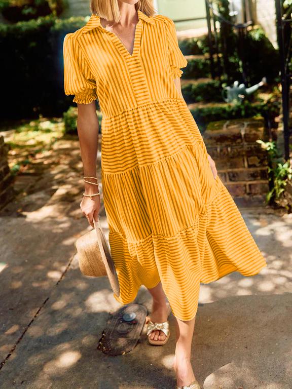 NEW🔥 V-Neck Pleated Short Sleeve Striped Shirt Dress
