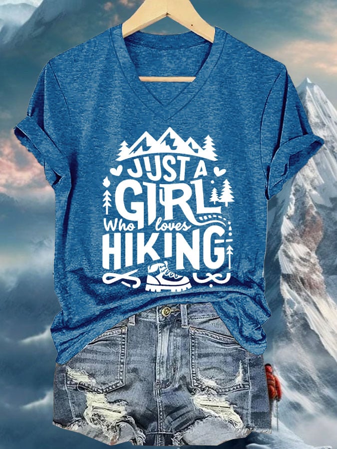 Women's Just A Girl Who Loves Hiking Printed V Neck T-Shirt