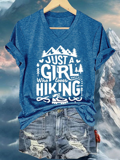 Women's Just A Girl Who Loves Hiking Printed V Neck T-Shirt