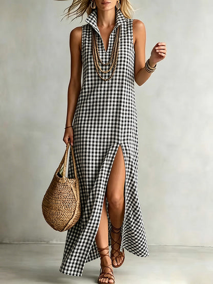 Elegant cotton-linen checkered print dress with a stand-up collar