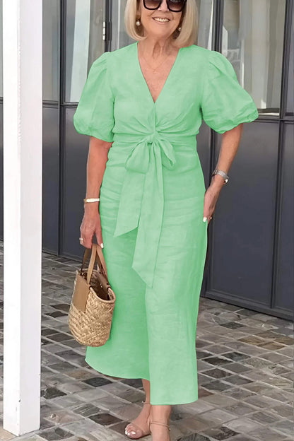 CLEARANCE🔥 V Neck Tie Puff Sleeve Cotton Dress- Tax Free