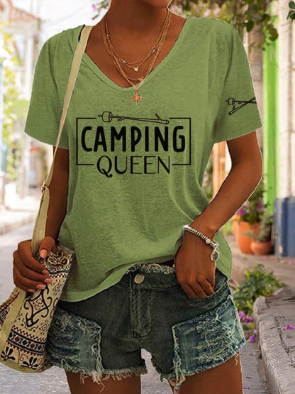 Women's Camping Queen Nature Lover Printed V-Neck Short Sleeve T-Shirt