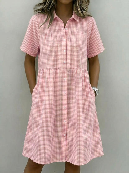 Today 49% off🔥Women's Cotton Linen Gingham Button-Up Shirt Dress