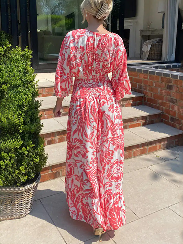 NEW🔥 V Neck Elastic Waist Printed Dress