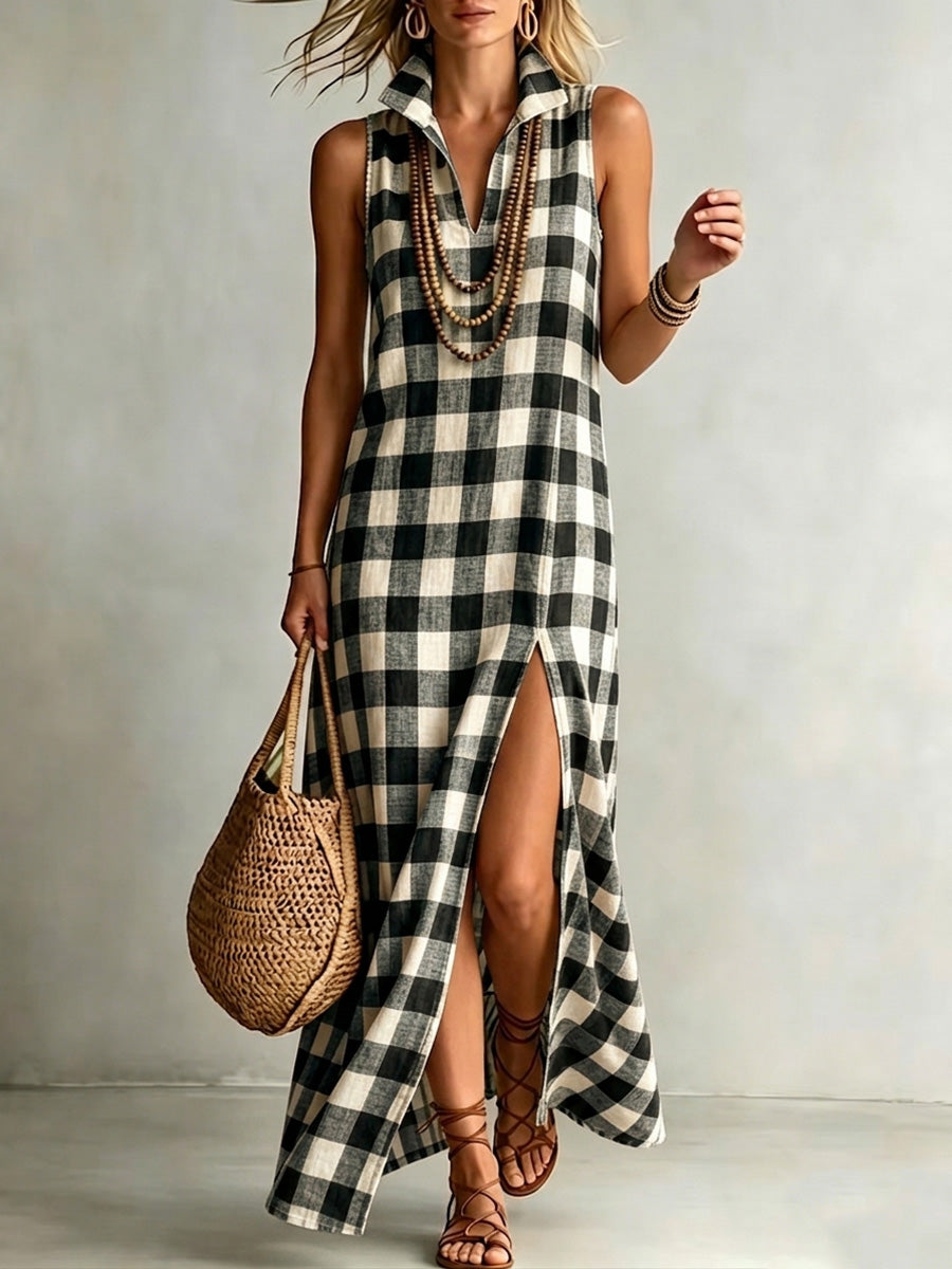 High-quality cotton-linen checkered print dress with a stand-up collar