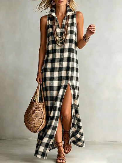 High-quality cotton-linen checkered print dress with a stand-up collar