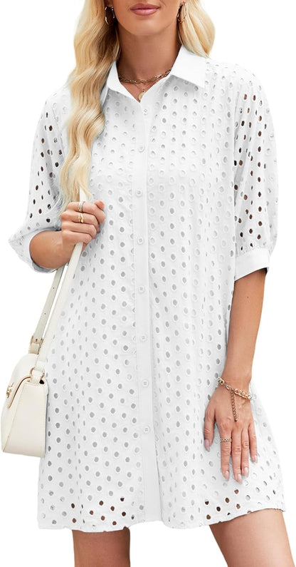 Womens Summer Shirt Dress Eyelet Hollow Out Short Dress with 3/4 Sleeves Button Down Casual Dress Summer Beach Dress