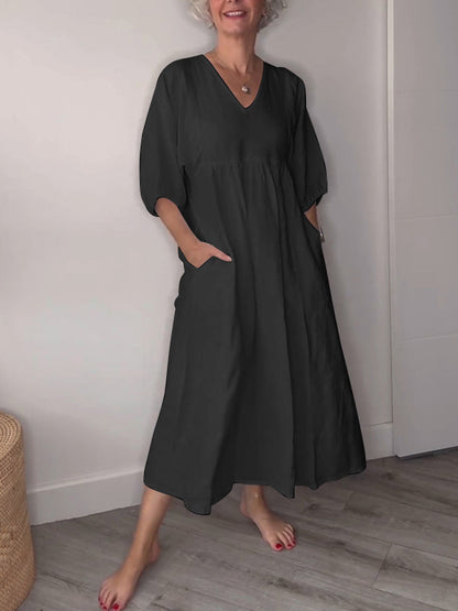 🔥Clearance Sale🔥 Women's Casual Fashion V-Neck Solid Color Mid-Length Sleeve Dress
