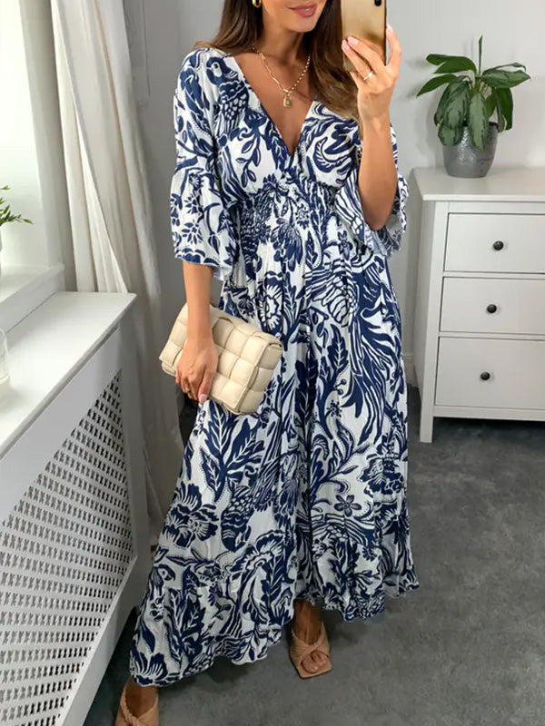 NEW🔥 V Neck Elastic Waist Printed Dress