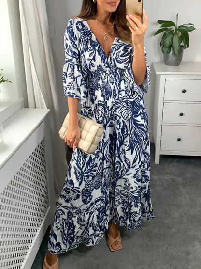 NEW🔥 V Neck Elastic Waist Printed Dress