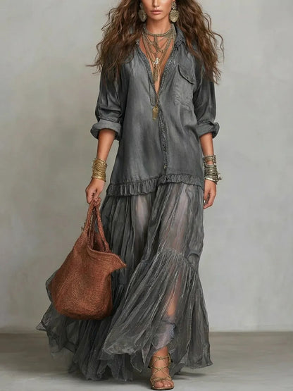 New Arrivals🔥 Women's Retro Lapel Denim Organza Patchwork Art Casual Maxi Dress