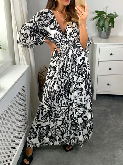NEW🔥 V Neck Elastic Waist Printed Dress