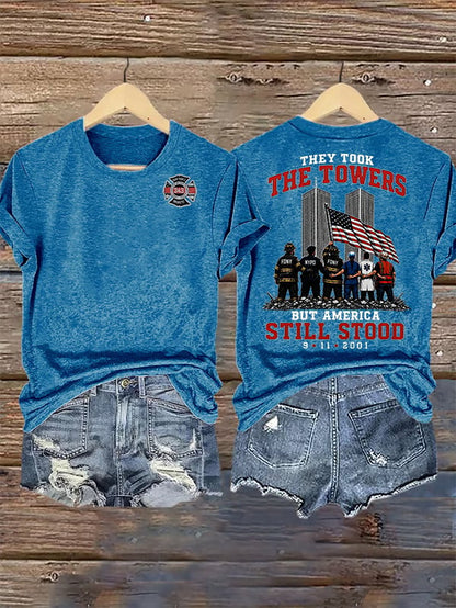 Women's BUT AMERICA STILL STOOD Print Crew-Neck T-Shirt