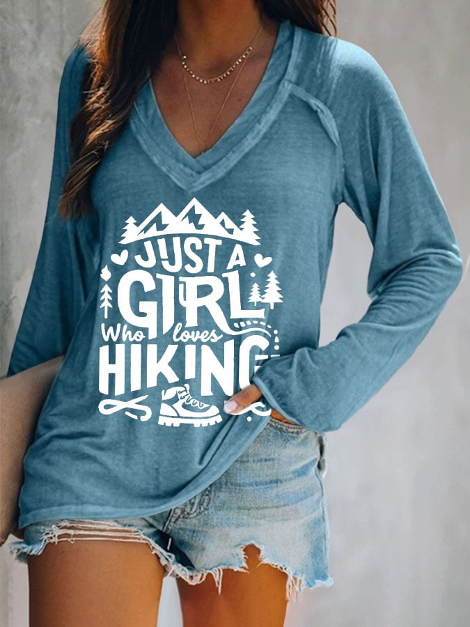 Women's Just A Girl Who Loves Hiking Print V Neck T-Shirt