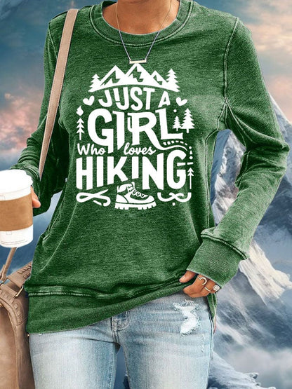 Women's Just A Girl Who Loves Hiking Print Round Neck Sweatshirt