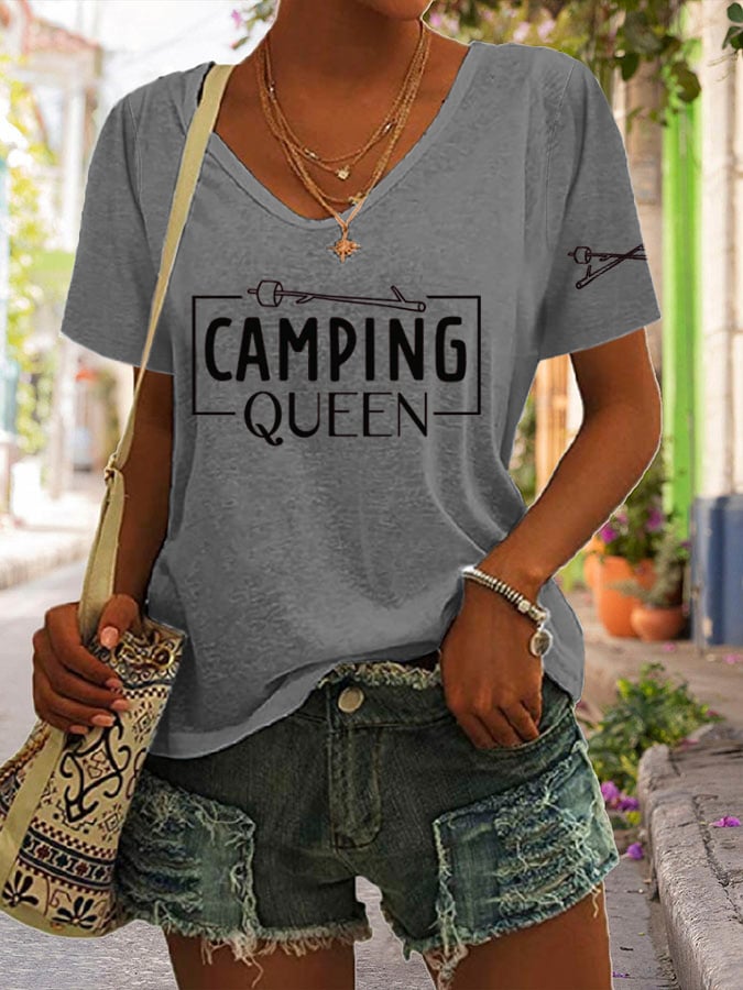 Women's Camping Queen Nature Lover Printed V-Neck Short Sleeve T-Shirt