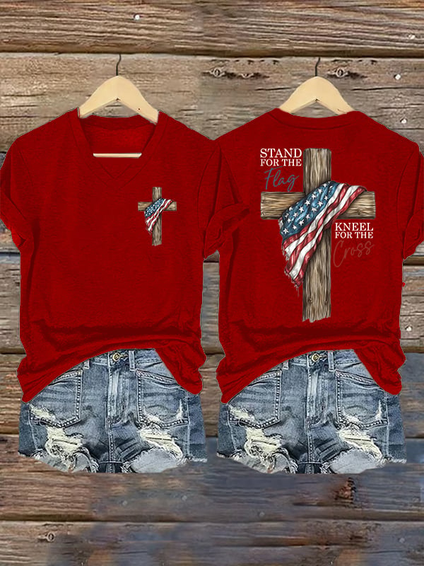 Women's Stand For The Flag Kneel For The Cross Printed Casual V-Neck T-Shirt