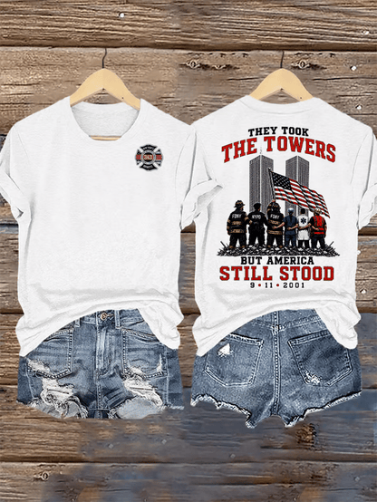 Women's BUT AMERICA STILL STOOD Print Crew-Neck T-Shirt