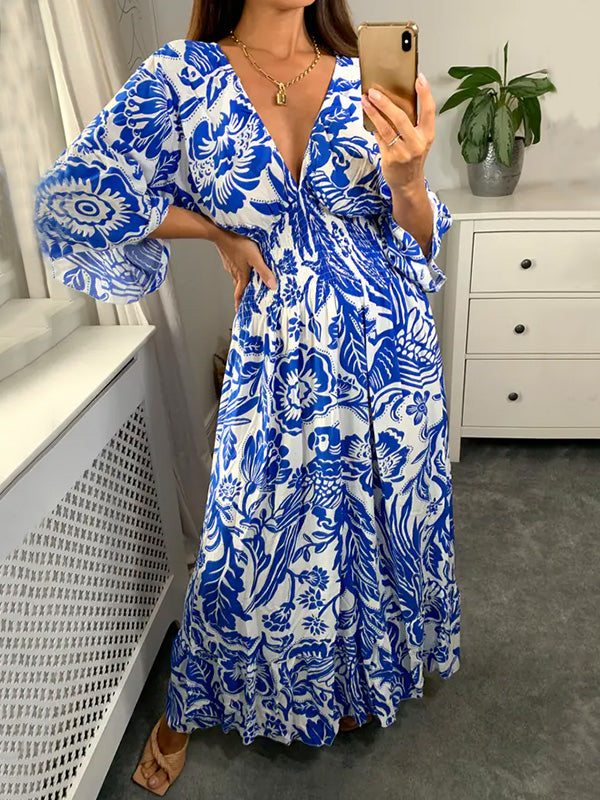 NEW🔥 V Neck Elastic Waist Printed Dress