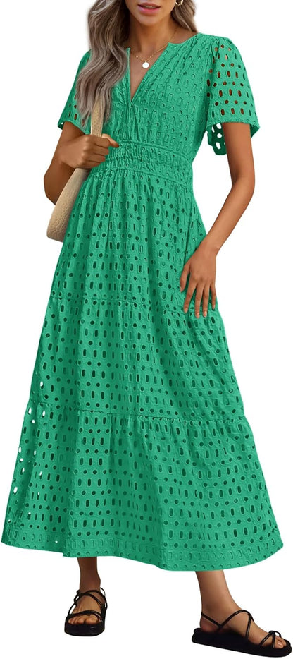 NEW 🔥Womens 2025 Summer Maxi Dress Short Sleeve V Neck Hollow Out Eyelet A Line Dresses