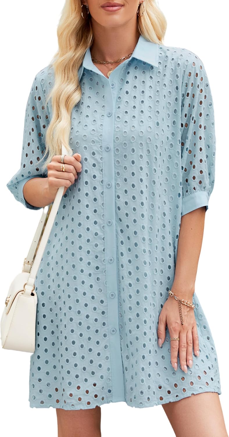Womens Summer Shirt Dress Eyelet Hollow Out Short Dress with 3/4 Sleeves Button Down Casual Dress Summer Beach Dress