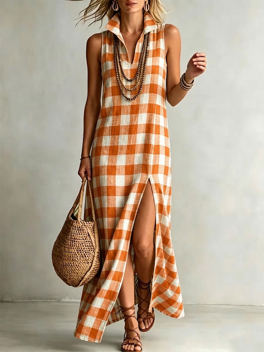 High-quality cotton-linen checkered print dress with a stand-up collar