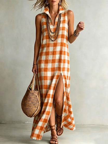 High-quality cotton-linen checkered print dress with a stand-up collar