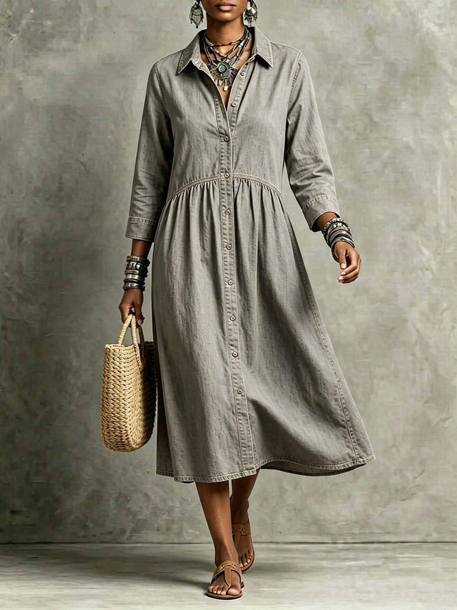CLEARANCE🔥 Vintage-Inspired Button Front Denim Midi Dress