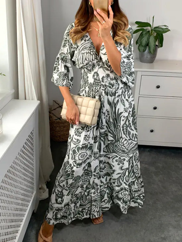 NEW🔥 V Neck Elastic Waist Printed Dress