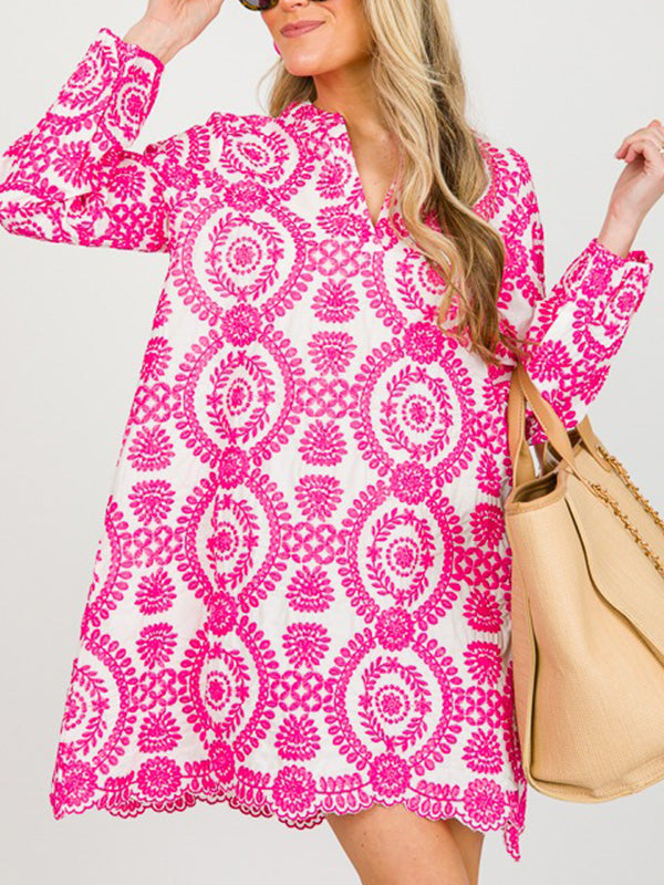 NEW🔥 Printed Lace Trim V Neck Shirt Dress