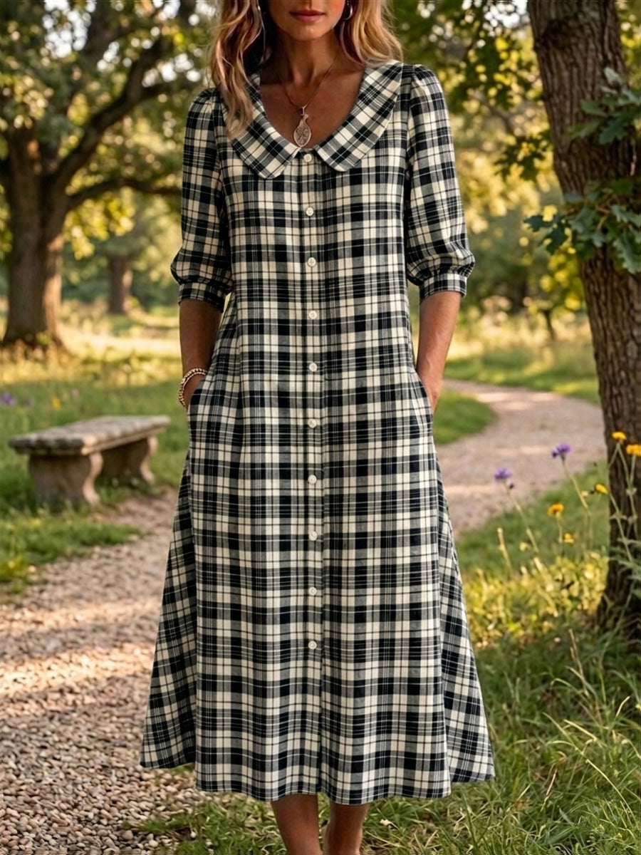 Clearance Sale🔥 Women's Retro Peter Pan Collar Stripe Print Cotton Linen Dress
