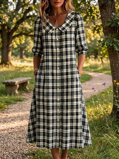 Clearance Sale🔥 Women's Retro Peter Pan Collar Stripe Print Cotton Linen Dress