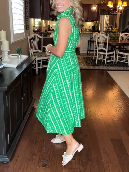New🔥 Lapel Button Printed Waistband Dress