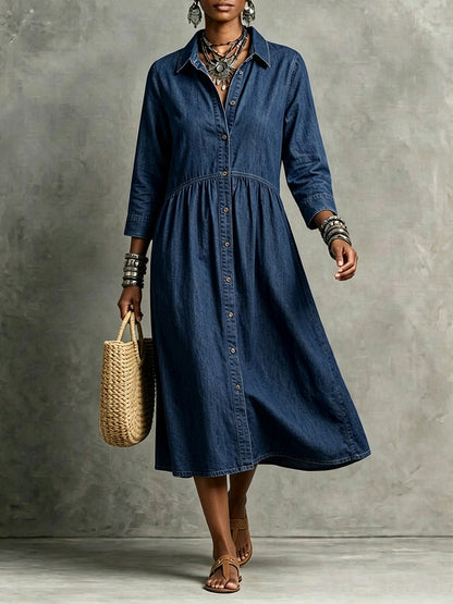 CLEARANCE🔥 Vintage-Inspired Button Front Denim Midi Dress