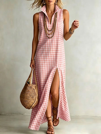 Elegant cotton-linen checkered print dress with a stand-up collar