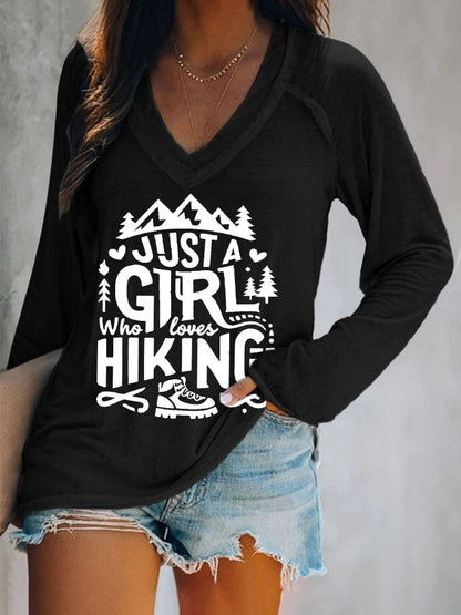 Women's Just A Girl Who Loves Hiking Print V Neck T-Shirt