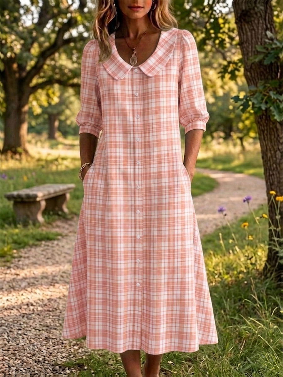 Clearance Sale🔥 Women's Retro Peter Pan Collar Stripe Print Cotton Linen Dress