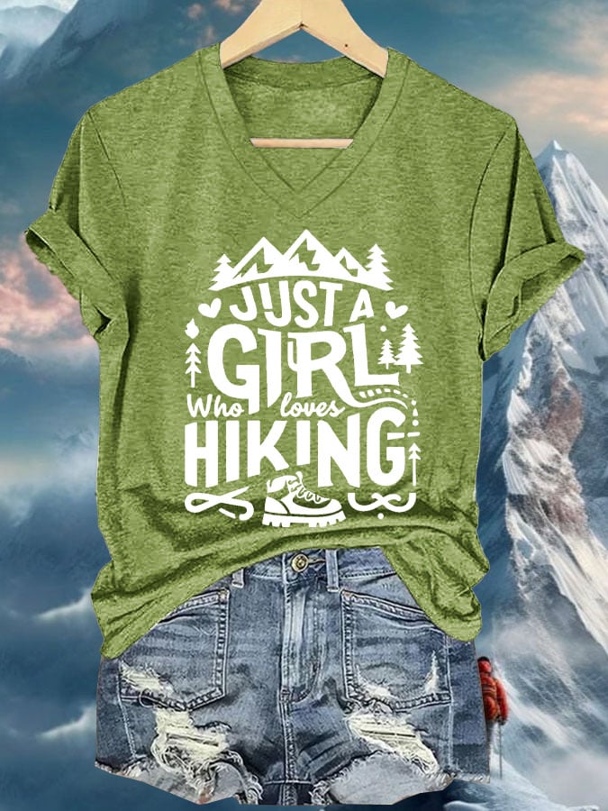 Women's Just A Girl Who Loves Hiking Printed V Neck T-Shirt